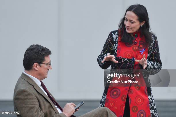 The Leader of the Irish Green Party, Eamon Ryan TD, and Catherine Martin TD, await to meet the media outside Leinster House in Dublin. In Dublin,...