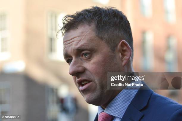 Thomas Byrne, an Irish Fianna Fail politician speak to media at Leinster House in Dublin. In Dublin, Ireland, on Friday, 24 November 2017.