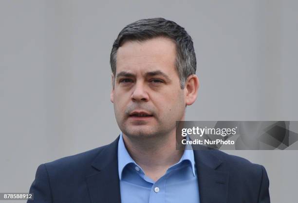 Sinn Fein's Pearse Doherty meets the media outside Leinster House in Dublin. In Dublin, Ireland, on Friday, 24 November 2017.