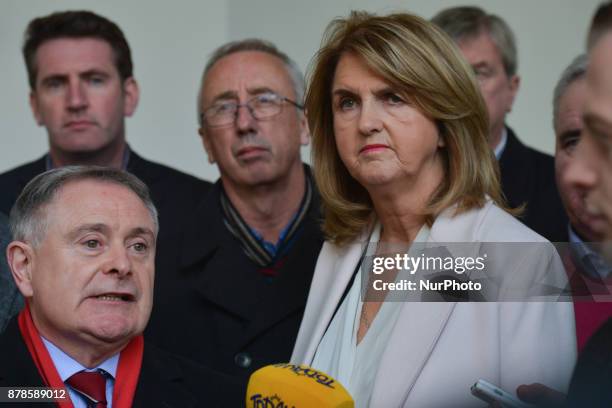 The Leader of the Labour Party, Brendan Howlin , in company of his party collegues including Joan Burton , speaks to the media outside Leinster House...