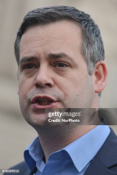 Sinn Fein's Pearse Doherty meets the media outside Leinster House in Dublin. In Dublin, Ireland, on Friday, 24 November 2017.