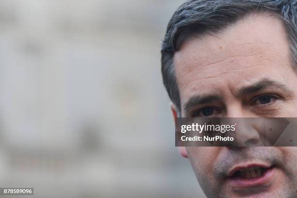 Sinn Fein's Pearse Doherty meets the media outside Leinster House in Dublin. In Dublin, Ireland, on Friday, 24 November 2017.