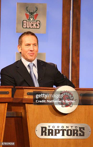President and General Manager Bryan Colangelo of the Toronto Raptors smiles after receiving the nineth pick during the 2009 NBA Draft Lottery at the...