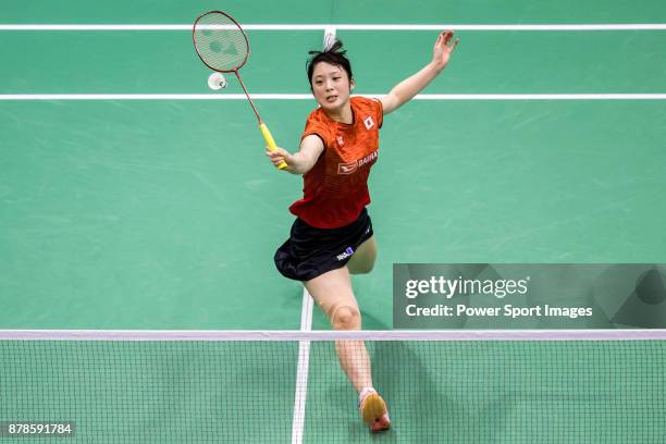 Minatsu Mitani of Japan competess against Carolina Marin of Spain during their women singles round 32 match of the BWF Hong Kong Open Super Series...