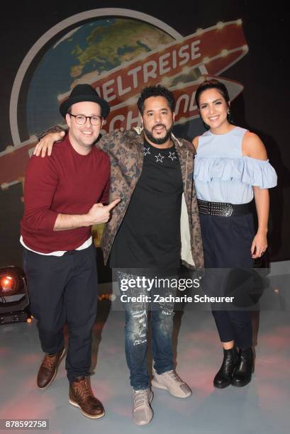 Ben and Jess from KIKA and Adel Tawil Live at the 'Weltreise Deutschland - Die Show' Photo Call at Fernsehwerft Berlin on November 24, 2017 in...