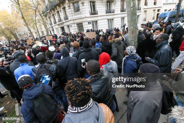 Hundreds rally outside the Embassy of Libya in Paris against slavery in Libya on November 24, 2017.