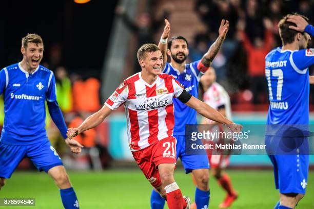 Grischa Proemel of 1.FC Union Berlin celebrates after scoring the 1:0 during the Second Bundesliga match between Union Berlin and SC Darmstadt 98 on...