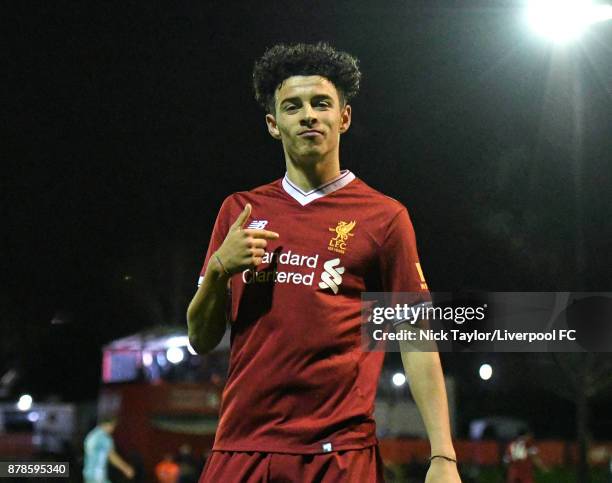 Curtis Jones of Liverpool celebrates his goal during the Liverpool v Sunderland U18 Premier League game at The Kirkby Academy on November 24, 2017 in...