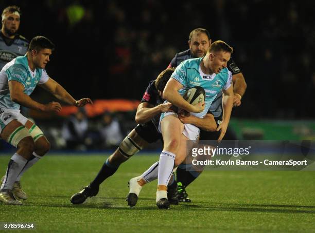 Connacht's Shane Delahunt is tackled by Cardiff Blues' Kirby Myhill during the Guinness Pro14 Round 9 match between Cardiff Blues and Connacht Rugby...