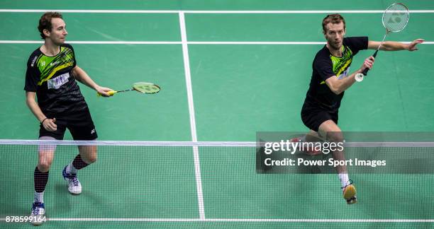 Carsten Mogensen and Mathias Boe of Denmark compete against Liao Min Chun and Cheng Heng Su of Taiwan during their men doubles round 32 match of the...