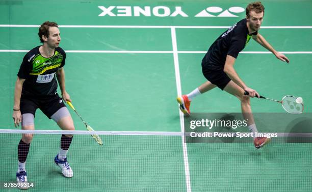 Carsten Mogensen and Mathias Boe of Denmark compete against Liao Min Chun and Cheng Heng Su of Taiwan during their men doubles round 32 match of the...