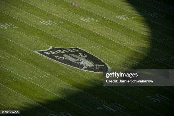 The Oakland Raiders logo is seen on the field at Estadio Azteca before their game against the New England Patriots on November 19, 2017 in Mexico...