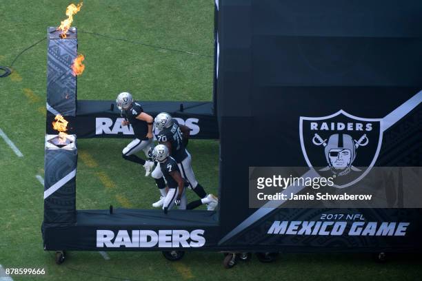 The Oakland Raiders take the field against the New England Patriots at Estadio Azteca on November 19, 2017 in Mexico City, Mexico.