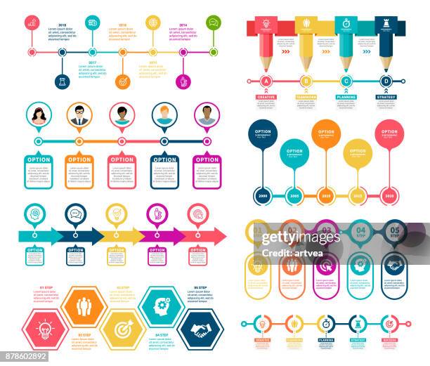 ilustrações, clipart, desenhos animados e ícones de infográfico de timeline elementos - cronologia auxiliar visual