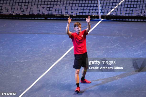 David Goffin of Belgium celebrates his victory during the day 1 of the Final of the Davis Cup match between France and Belgium at Stade Pierre Mauroy...