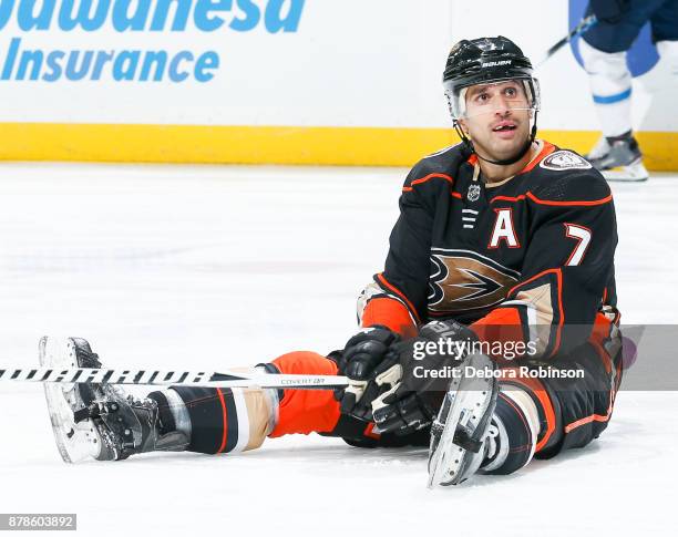 Andrew Cogliano of the Anaheim Ducks looks to a referee from the ice during the first period of the game against the Winnipeg Jets at Honda Center on...