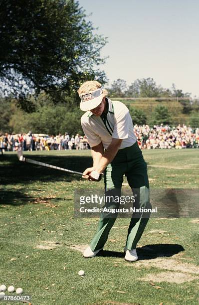 Tom Kite practices pitching during the 1979 Masters Tournament at Augusta National Golf Club in April 1979 in Augusta, Georgia.