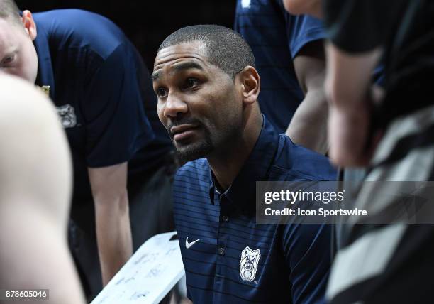 Butler University Head Coach LaVall Jordan talks to his team during a timeout in a college basketball game during the PK80-Phil Knight Invitational...