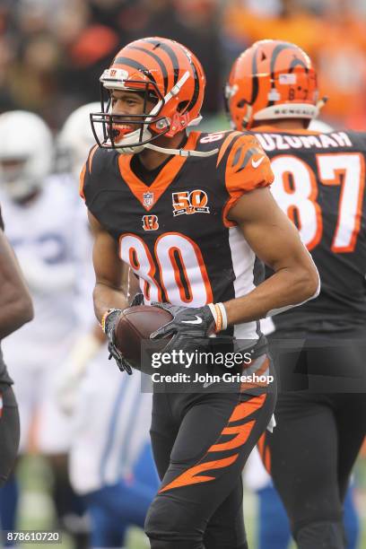 Josh Malone of the Cincinnati Bengals celebrates a touchdown during the game against the Indianapolis Colts at Paul Brown Stadium on October 29, 2017...