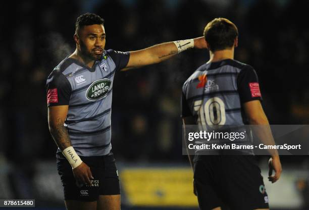 Cardiff Blues' Willis Halaholo chats with Jarrod Evans during the Guinness Pro14 Round 9 match between Cardiff Blues and Connacht Rugby at Cardiff...