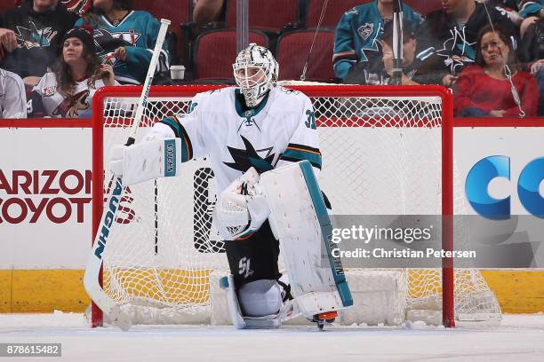 Goaltender Martin Jones of the San Jose Sharks in action during the first period of the NHL game against the Arizona Coyotes at Gila River Arena on...