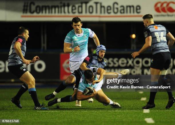 Connacht's Dave Heffernan is tackled by Cardiff Blues' Matthew Morgan during the Guinness Pro14 Round 9 match between Cardiff Blues and Connacht...