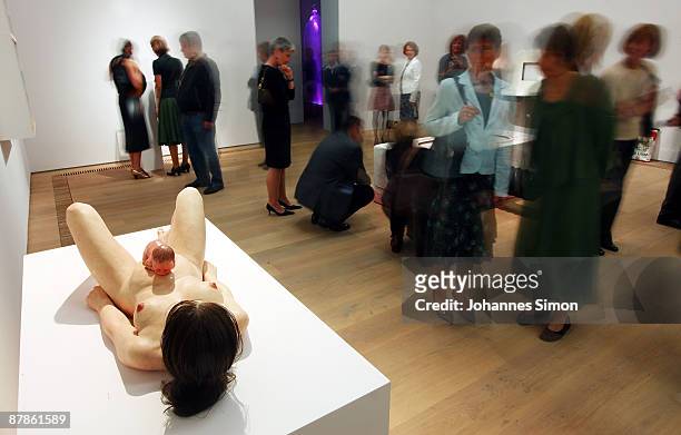Visitors gather in front of Ron Mueck's sculpture 'Mother And Child' during the opening party of nrew built Brandhorst museum on May 19, 2009 in...