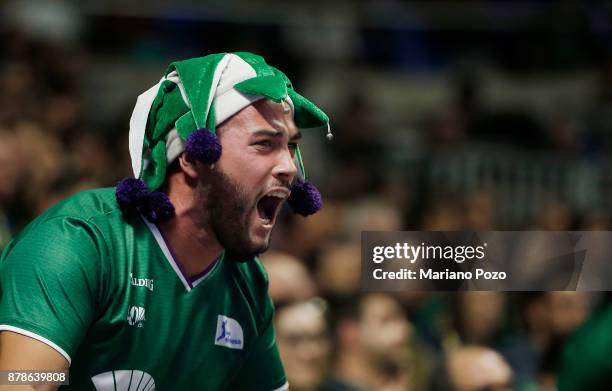 Unicaja Malaga supporter in action during the 2017/2018 Turkish Airlines EuroLeague Regular Season game between Unicaja Malaga and CSKA Moscow at...