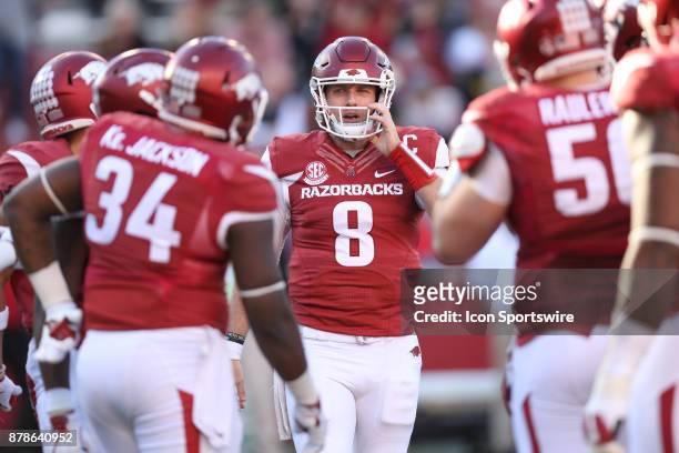 Arkansas Austin Allen brings the play into the huddle in the game between the Missouri Tigers and the Arkansas Razorbacks on November 24th, 2017 at...