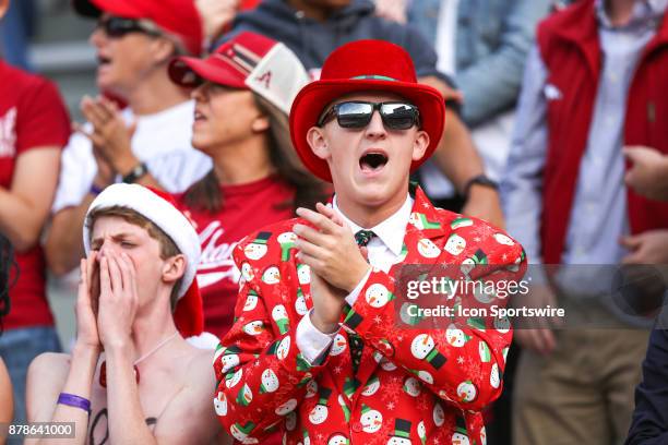 Razorback fan dressed in his holiday best cheers during the game between the Missouri Tigers and the Arkansas Razorbacks on November 24th, 2017 at...