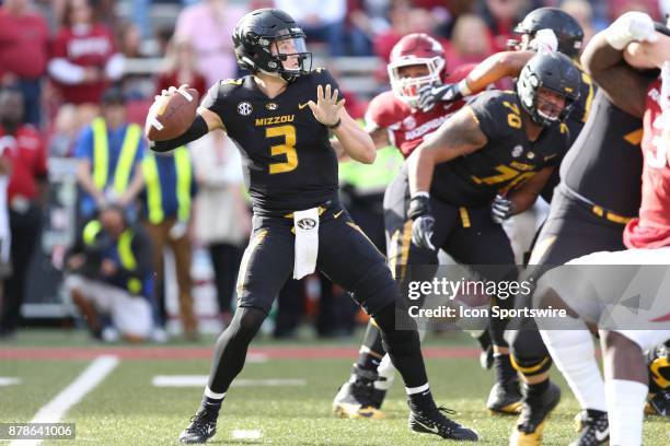 Missouri Drew Lock looks to pass in the game between the Missouri Tigers and the Arkansas Razorbacks on November 24th, 2017 at Donald W. Reynolds...