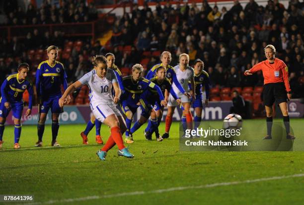 Francesca Kirby of England scores a penality during the FIFA Women's World Cup Qualifier between England and Bosnia at Banks' Stadium on November 24,...