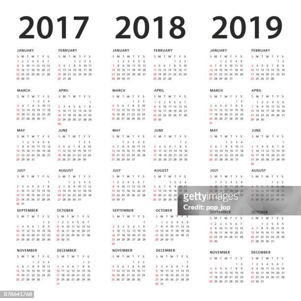 stockillustraties, clipart, cartoons en iconen met eenvoudige kalendersjabloon - 2017, 2018 en 2019 jaar - 2017