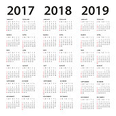 Simple Calendar Template - 2017, 2018 and 2019 Years