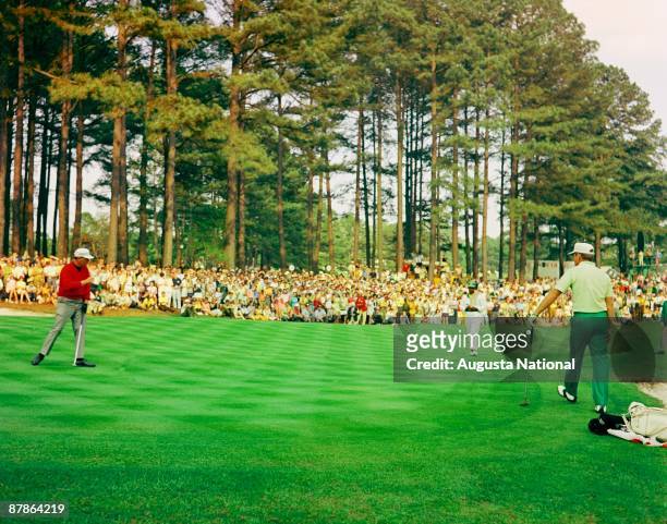 Billy Casper watches his putt on the third green during the 1970 Masters Tournament at Augusta National Golf Club in April 1970 in Augusta, Georgia.