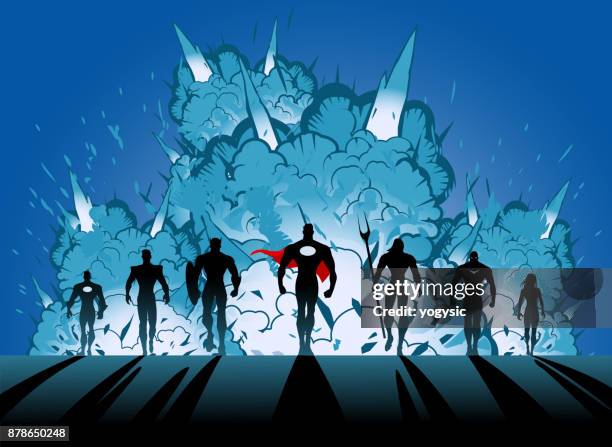 爆発から離れて歩いて男性リーダー シルエット ベクトル スーパー ヒーロー チーム - アクション映画点のイラスト素材／クリップアート素材／マンガ素材／アイコン素材