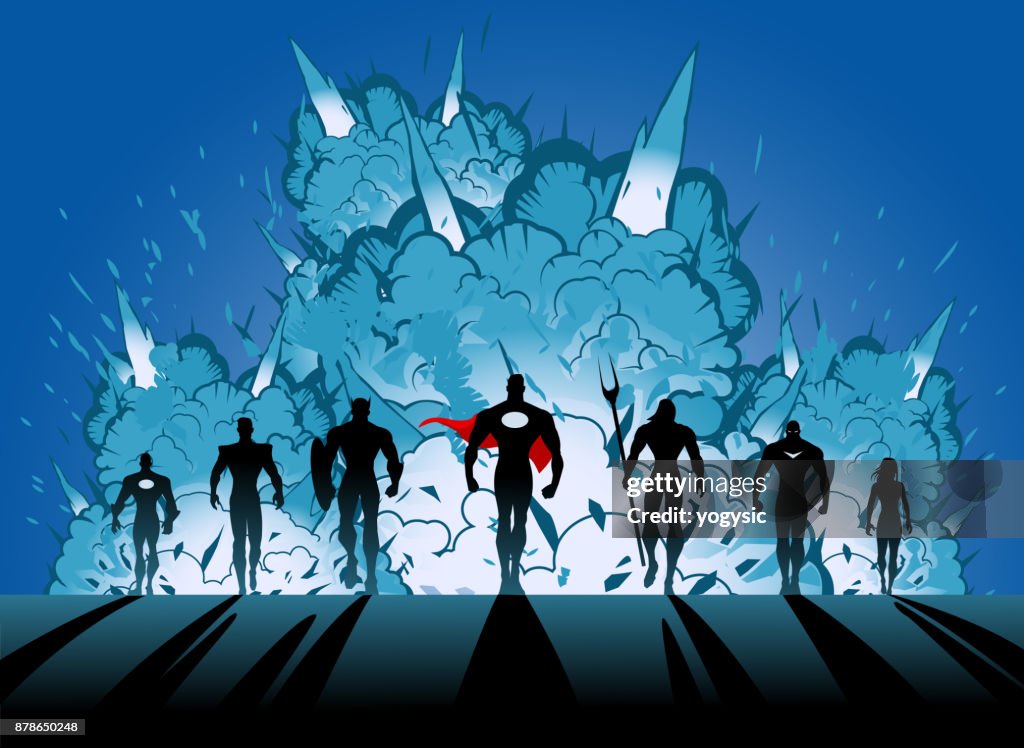 Vector Superhero Team with Male Leader Silhouette Walking Away from Explosion