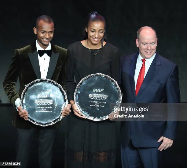 Male Athlete of the Year Mutaz Essa Barshim of Qatar, female athlete of the year Nafissatou Thiam of Belgium and Prince of Monaco Albert II pose...