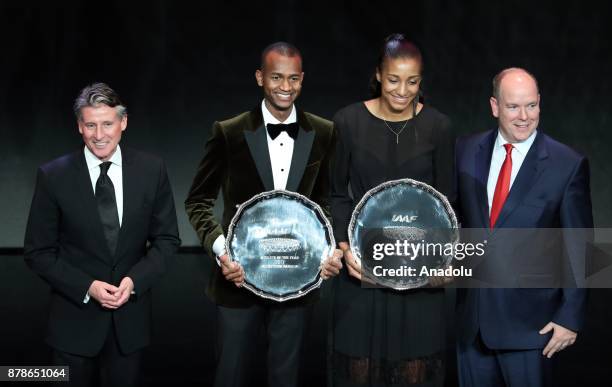 President Sebastian Coe, Male Athlete of the Year Mutaz Essa Barshim of Qatar, female athlete of the year Nafissatou Thiam of Belgium and Prince of...