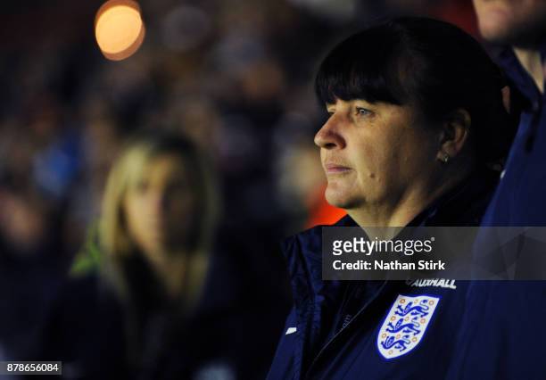 England women's interim head coach Mo Marley looks on during the FIFA Women's World Cup Qualifier between England and Bosnia at Banks' Stadium on...