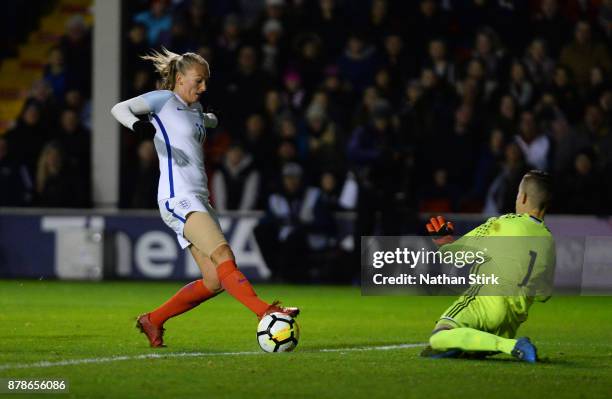 Toni Duggan of England shoots at goal during the FIFA Women's World Cup Qualifier between England and Bosnia at Banks' Stadium on November 24, 2017...