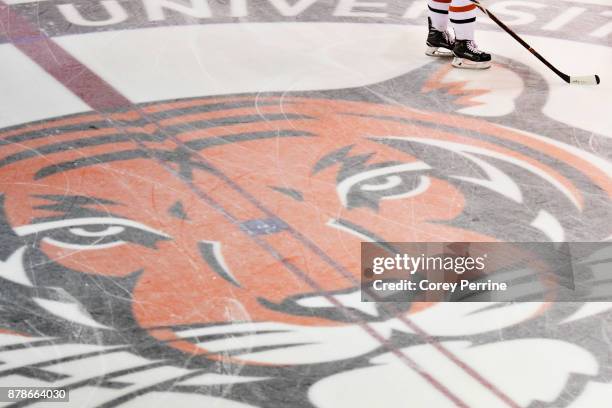 The feet of Matt Nelson of the Princeton Tigers are shown while warming up against the Bemidji State Beavers before the game at Hobey Baker Rink on...