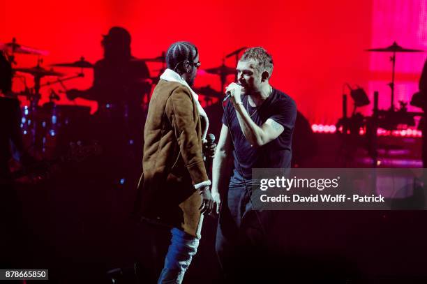 Damon Albarn from Gorillaz performs with Popcaan at Zenith de Paris on November 24, 2017 in Paris, France.