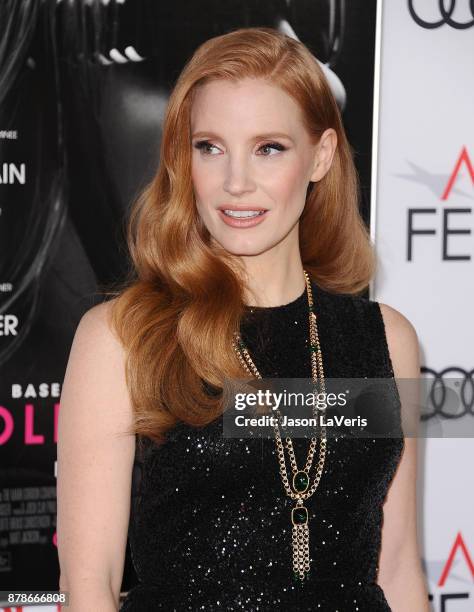 Actress Jessica Chastain attends the closing night gala screening of "Molly's Game" at the 2017 AFI Fest at TCL Chinese Theatre on November 16, 2017...