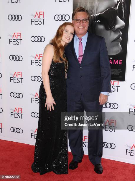 Actress Jessica Chastain and writer Aaron Sorkin attend the closing night gala screening of "Molly's Game" at the 2017 AFI Fest at TCL Chinese...