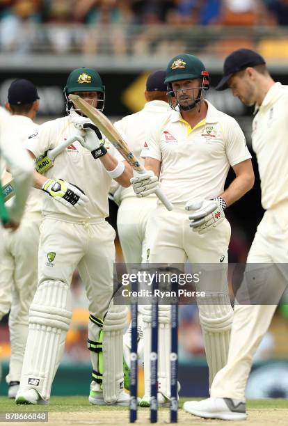 Shaun Marsh of Australia celebrates after reaching his half century during day three of the First Test Match of the 2017/18 Ashes Series between...