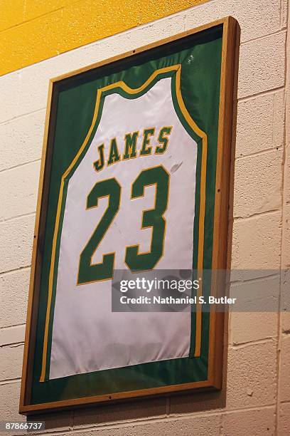 LeBron James jersey hangs at St. Vincent-St. Mary's High School during the 2008-2009 MVP Trophy presentation on Monday May 4th, 2009 in Akron, Ohio....