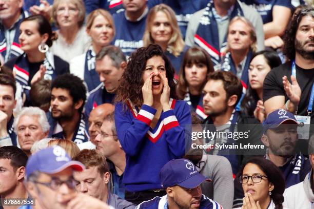 Jo Wilfried Tsonga's girlfriend Noura El Shwekh attends day 1 of the Davis Cup World Group final between France and Belgium at Stade Pierre Mauroy on...