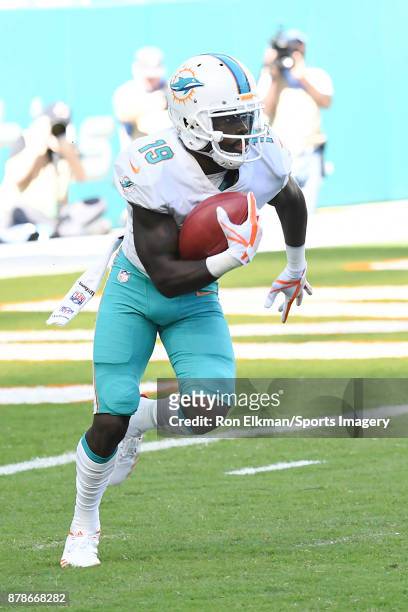 Jakeem Grant of the Miami Dolphins carries the ball during a NFL game against the Tampa Bay Buccaneers at Hard Rock Stadium on November 19, 2017 in...
