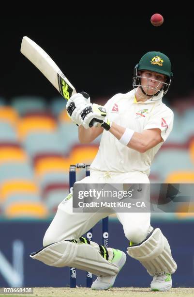 Steve Smith of Australia ducks under a bouncer during day three of the First Test Match of the 2017/18 Ashes Series between Australia and England at...